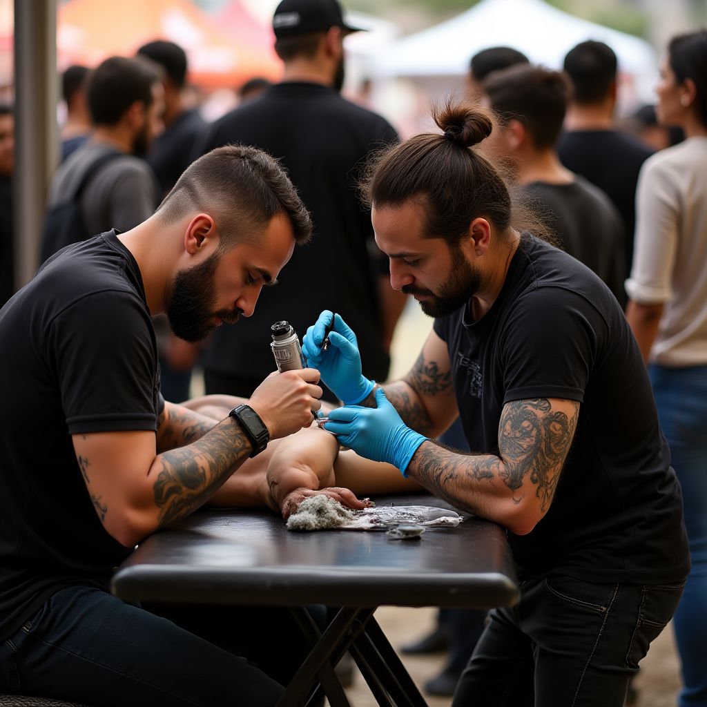 Artista tatuando durante el festival